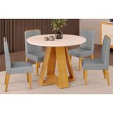 Conjunto: Mesa Sala Jantar Celeste Tampo Madeirado C/ Vidro Redondo 103x103cm E 4 Cadeiras Lia Cedro/off White - Suede Lunar - Dj Móveis
