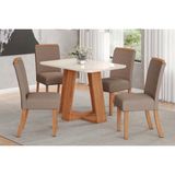 Conjunto: Mesa De Cozinha Lins C/ Tampo Madeirado C/ Vidro Curvo 120x80cm E 4 Cadeiras Malu Nature/suede Light Marrom Amendoa - Henn