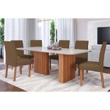 Conjunto: Mesa De Cozinha Ester C/ Tampo Madeirado C/ Vidro 180x90cm E 6 Cadeiras Maia Nature/suede Mascavo Chocolate - Cimol