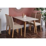 Conjunto: Mesa De Cozinha Adele Madeira Maciça C/ Tampo Madeirado C/ Vidro 130x80cm E 4 Cadeiras Fernanda Savana-madeirado/suede Nude Bege - Cimol