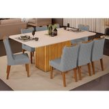 Conjunto: Mesa Sala Jantar Canes Tampo Madeirado C/ Vidro Curvo 200x100cm E 8 Cadeiras Stela Cedro/off White - Ipe/suede Lunar - Dj Móveis