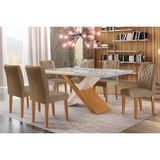 Conjunto: Mesa De Cozinha Imperatriz Tampo Madeirado C/ Vidro Canto Curvo 180x90 E 6 Cadeiras Jade Imbuia/off White - Suede Capuccino - Rufato
