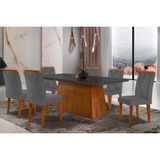 Conjunto: Mesa De Cozinha Luna Tampo Madeirado C/ Vidro Canto Curvo 180x90 E 6 Cadeiras Amsterdã Capuccino/suede Grafite - Rufato