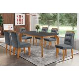 Conjunto: Mesa De Cozinha Londrina C/ Tampo Madeirado C/ Vidro Canto Curvo 180x90cm E 6 Cadeiras Imperatriz Imbuia/grafite - Suede Grafite - Rufato