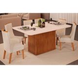 Conjunto: Mesa De Cozinha Canes Tampo Madeirado C/ Vidro Curvo 170x90cm E 6 Cadeiras Jade Freijo/off White - Linho Neve - Dj Móveis