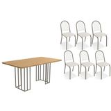 Conjunto: Mesa De Cozinha Duina C/ Tampo De Madeira 160cm E 6 Cadeiras Noruega Niquel/freijo - Courano Branco - Kappesberg