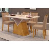 Conjunto: Mesa Sala Jantar Argo Tampo Madeirado C/ Vidro Curvo 136x90cm E 4 Cadeiras Julia Cedro/off White - Suede Kraft - Dj Móveis