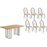 Conjunto: Mesa De Cozinha Duina C/ Tampo De Madeira 160cm E 6 Cadeiras Holanda Niquel/freijo - Courano Bege - Kappesberg