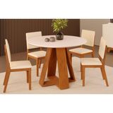Conjunto: Mesa De Cozinha Celeste Tampo Madeirado C/ Vidro Redondo 103x103cm E 4 Cadeiras Talia Freijo/off White - Suede Creme - Dj Móveis