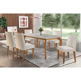 Conjunto: Mesa De Cozinha Londrina C/ Tampo Madeirado C/ Vidro Canto Curvo 180x90cm E 6 Cadeiras Jade Imbuia/off White - Suede Creme - Rufato