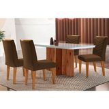 Conjunto: Mesa De Cozinha Berlim C/ Tampo Madeirado C/ Vidro Canto Curvo 120x80cm E 4 Cadeiras Londrina Imbuia/off White - Suede Marrom - Rufato