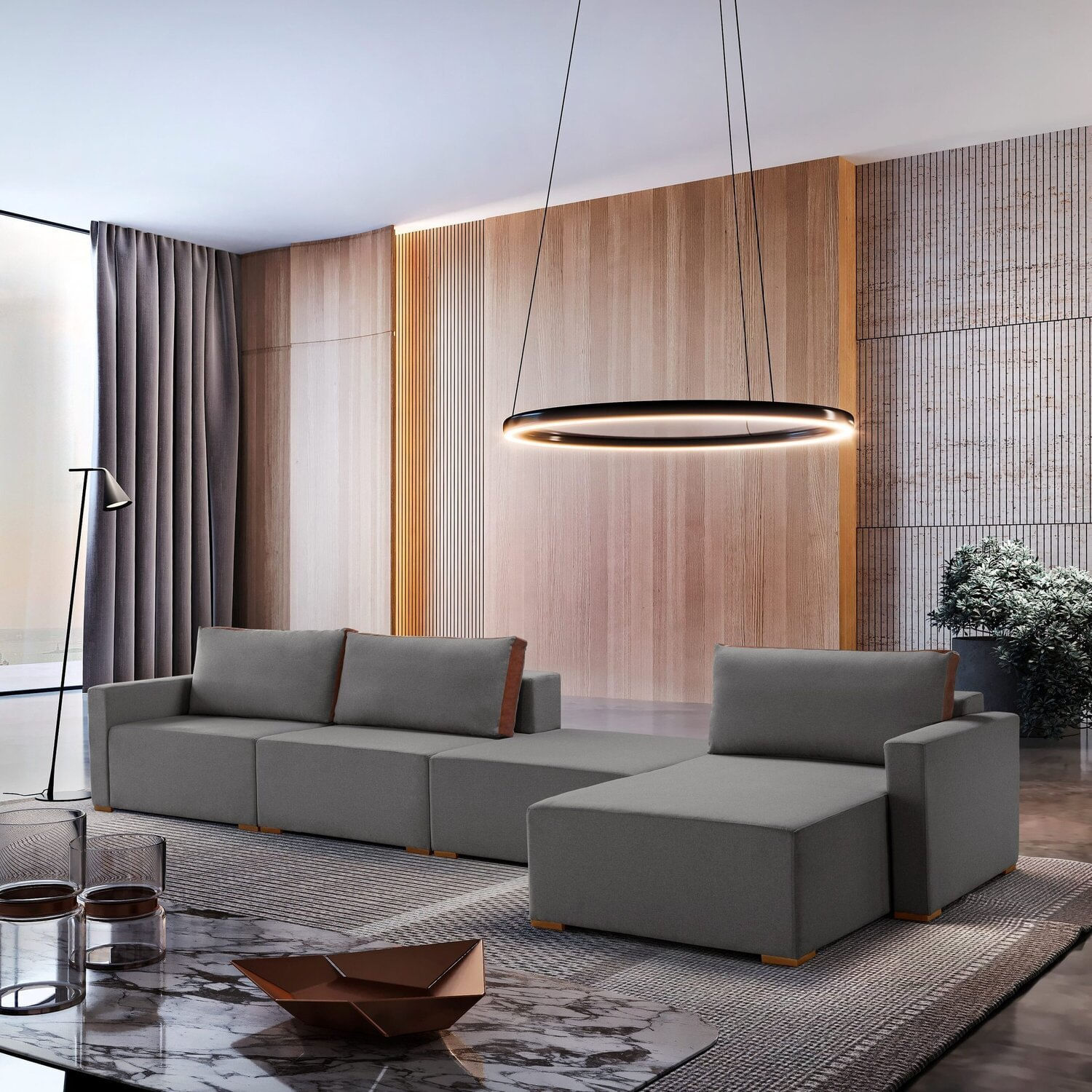 Sofá Modulado Com Chaise, Puff E Módulos Soltos 405cm Cinza