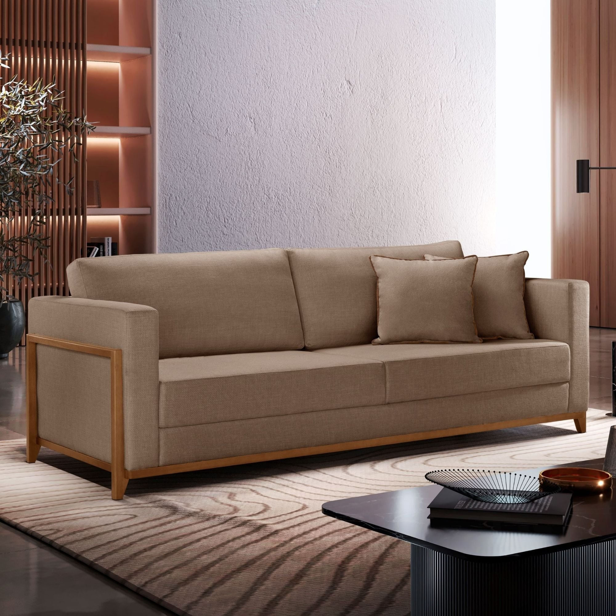 Sofá Fixo 3 Lugares Paris Veludo Bege