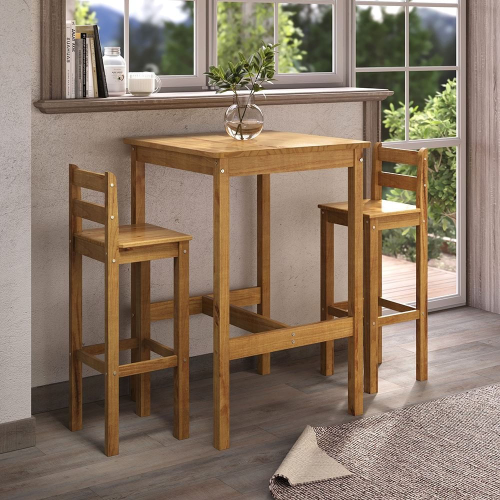 Mesa Alta Canada 700x700 Com 2 Bancos Verniz Noguera