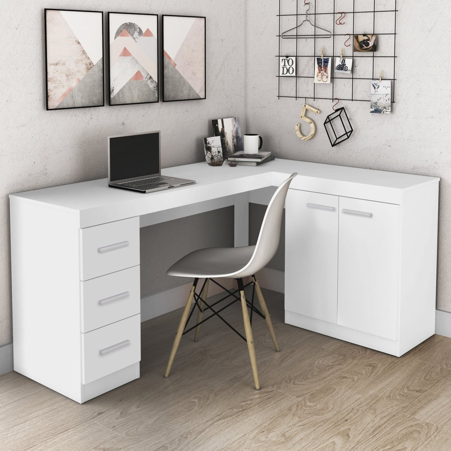 Escrivaninha Mesa Escritório Em L 3 Gavetas 2 Portas Branco