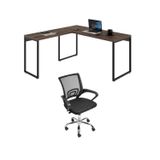 Kit 2 Peças Com Mesa Para Escritorio Em L Industrial 150cm Kuadra E Cadeira De Escritório Diretor Tok Nogal