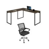 Kit 2 Peças Com Mesa Para Escritorio Em L Industrial 150cm Kuadra E Cadeira De Escritório Diretor Tok Carvalho Dark