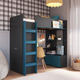 Cama Elevada Multifuncional Com Armário E Escrivaninha Grafite/azul Secreto