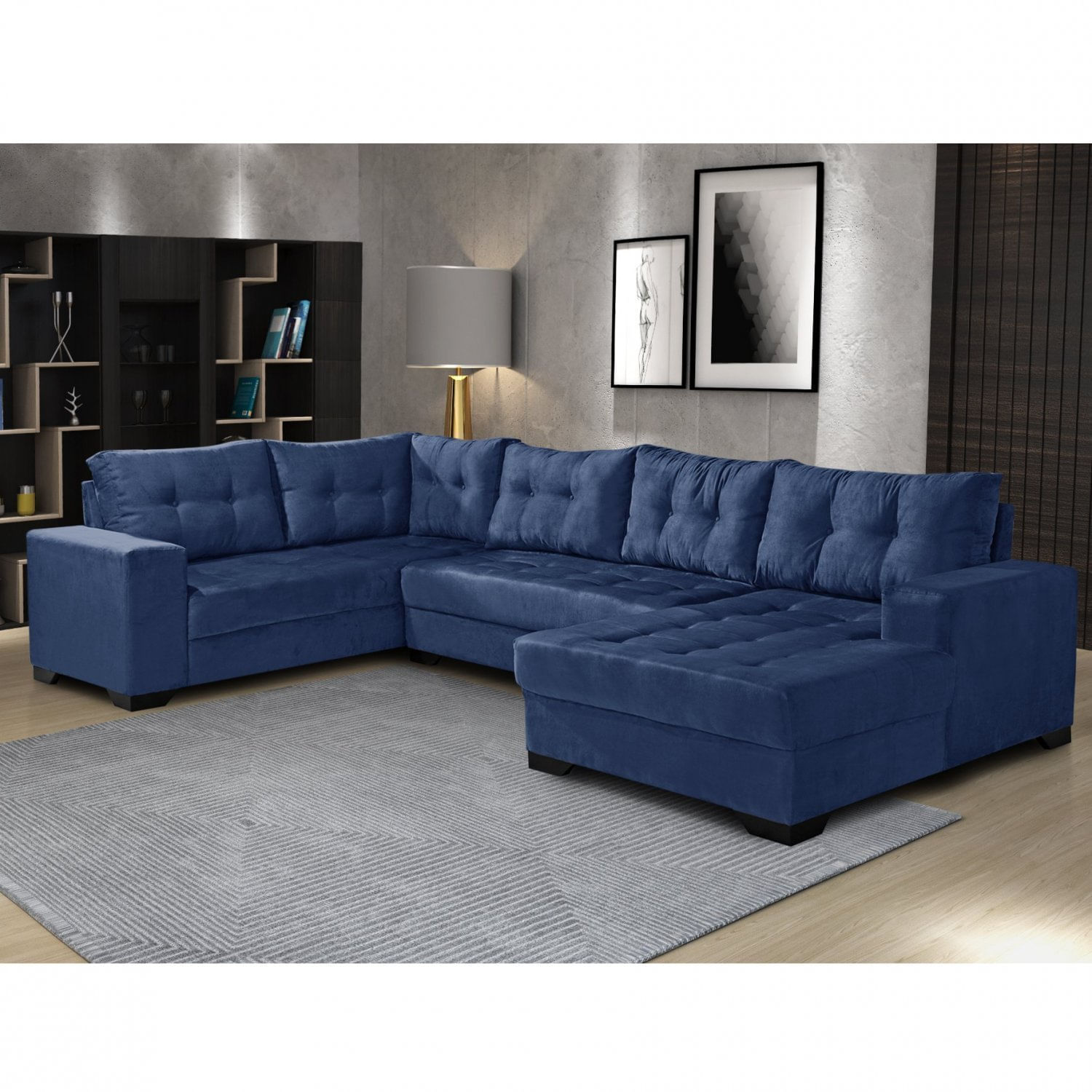 Sofá De Canto 6 Lugares Com Chaise Bia Império Estofados Azul Marinho
