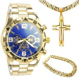 Relogio Masculino Aço Banhado Ouro + Pulseira + Crucifixo Pesado Grande Qualidade Premium Robusto