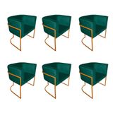 Kit 6 Poltronas Decorativa Sala De Estar Base De Ferro Cobre Veludo Verde