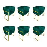 Kit 6 Poltronas Decorativa Sala De Estar Base De Ferro Dourada Veludo Verde