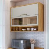 Armário Aéreo De Cozinha 120cm 2 Portas Basculantes E Vidro Reflecta 100% Mdf Vicenza Espresso Móveis Amêndoa/off White
