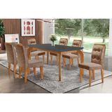 Conjunto: Mesa De Cozinha Londrina C/ Tampo Madeirado C/ Vidro Canto Curvo 180x90cm E 6 Cadeiras Imperatriz Imbuia/grafite - Suede Capuccino - Rufato