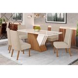 Conjunto: Mesa Sala Jantar Épic Sc24 Tampo Madeirado C/ Vidro Canto Curvo 160x90cm E 6 Cadeiras Anne Nature/courano/creme - Henn