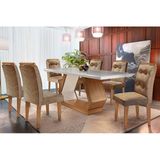 Conjunto: Mesa De Cozinha Alvorada Tampo Madeirado C/ Vidro Canto Reto 180x90cm E 6 Cadeiras Imperatriz Imbuia/suede Capuccino - Rufato