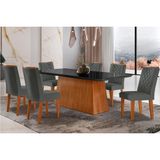 Conjunto: Mesa De Cozinha Luna C/ Tampo De Vidro Canto Curvo 180x90cm E 6 Cadeiras Jade Imbuia/grafite - Linho Grafite - Rufato