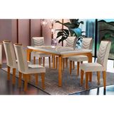 Conjunto: Mesa De Cozinha Londrina C/ Tampo Madeirado C/ Vidro Canto Curvo 180x90cm E 6 Cadeiras Londrina Imbuia/off White - Suede Creme - Rufato