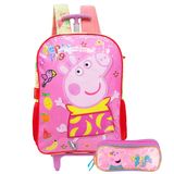 Mochila Peppa Pig Escolar Rodinhas Com Estojo Duplo Meninas