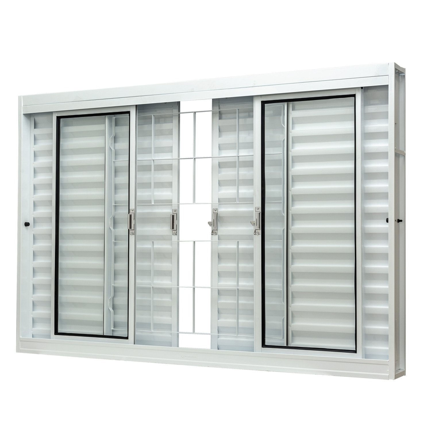 Janela De Aço Veneziana Central 100x200cm 6 Folhas Com Grade Quadriculada E Vidro Liso Qualitysol Ra Branco