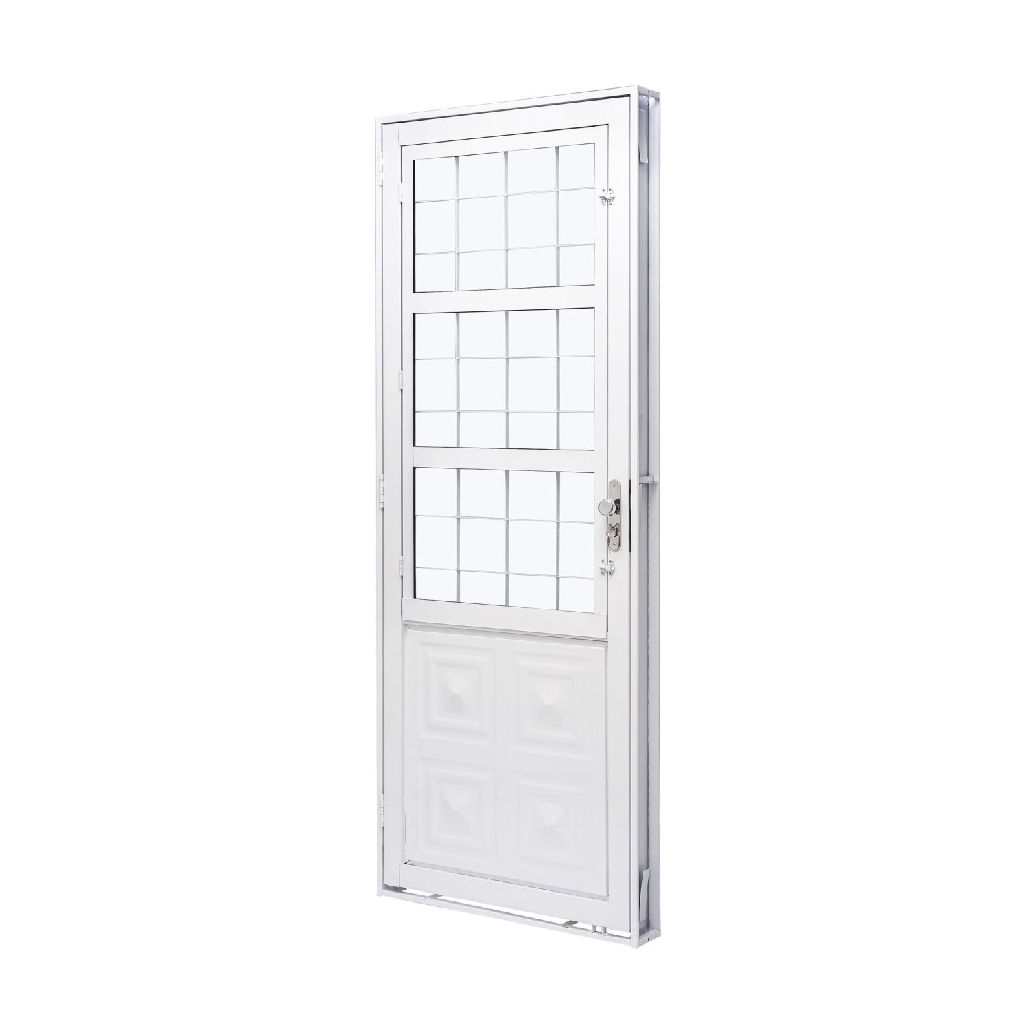 Porta De Aço Com Postigo 215x83cm Com Grade Quadriculada E Vidro Liso Qualitysol Ramassol