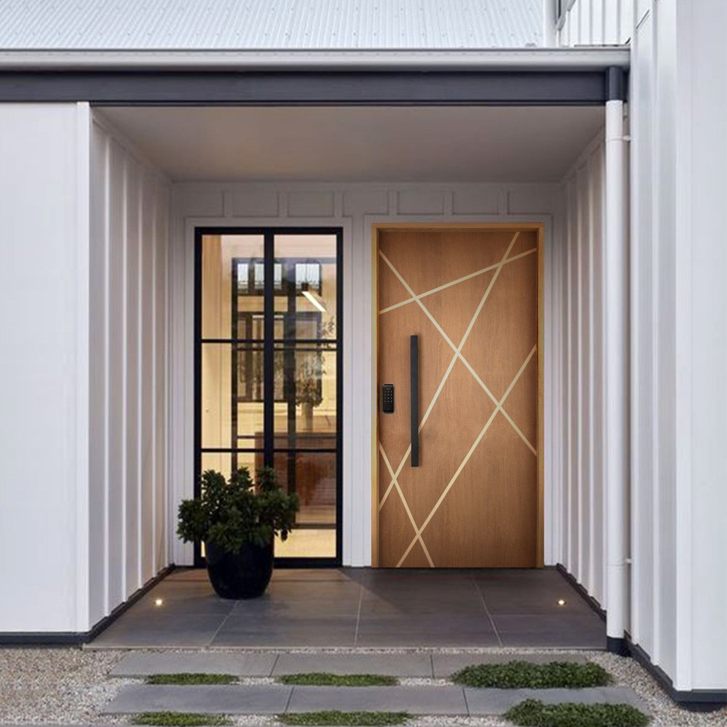 Kit Porta De Madeira Frisada 215,5x86,5cm Batente 14cm Fechadura Digital E Puxador Rodam Portas Marrom