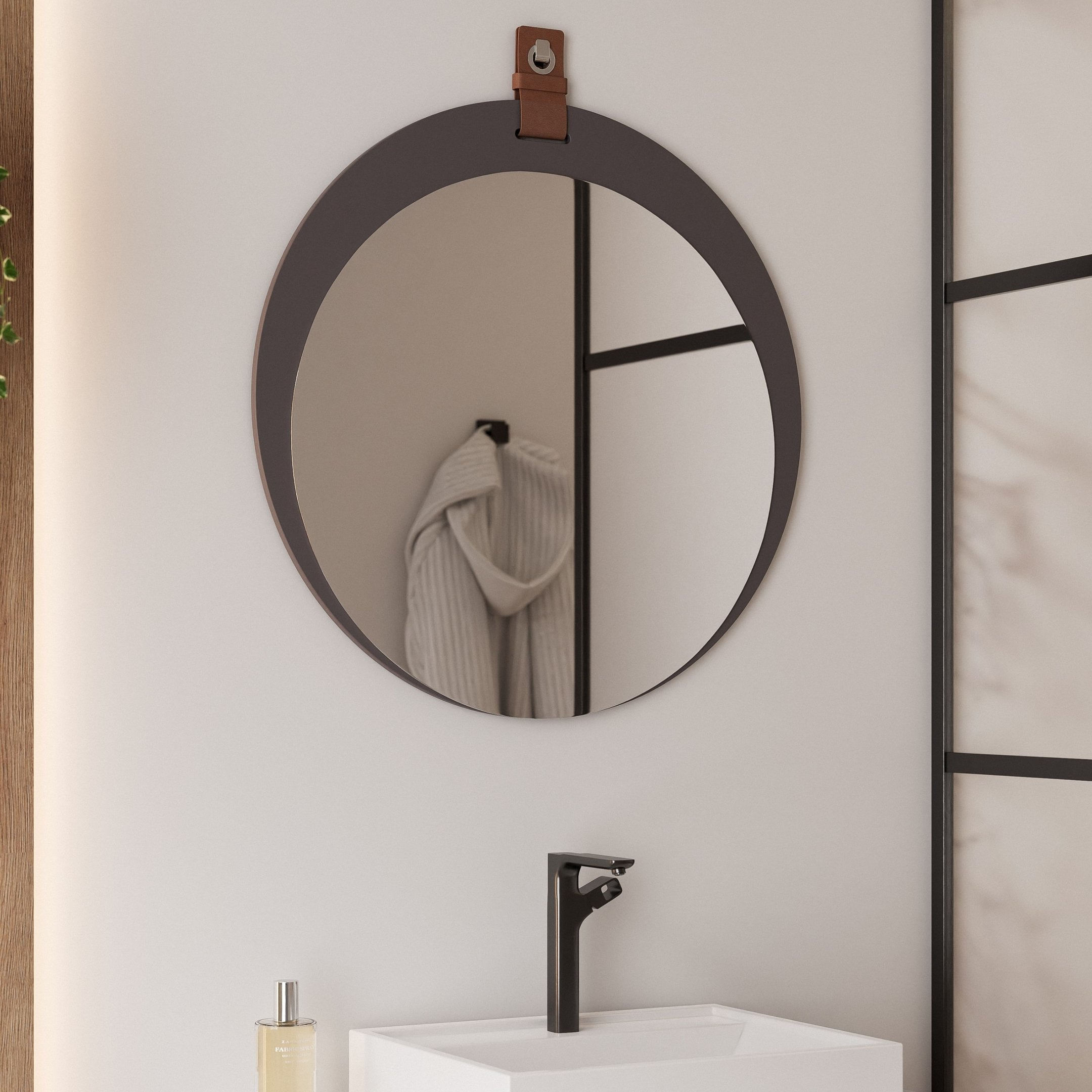 Espelheira Para Banheiro Alça Em Couro Lua Espresso Móveis Titanium