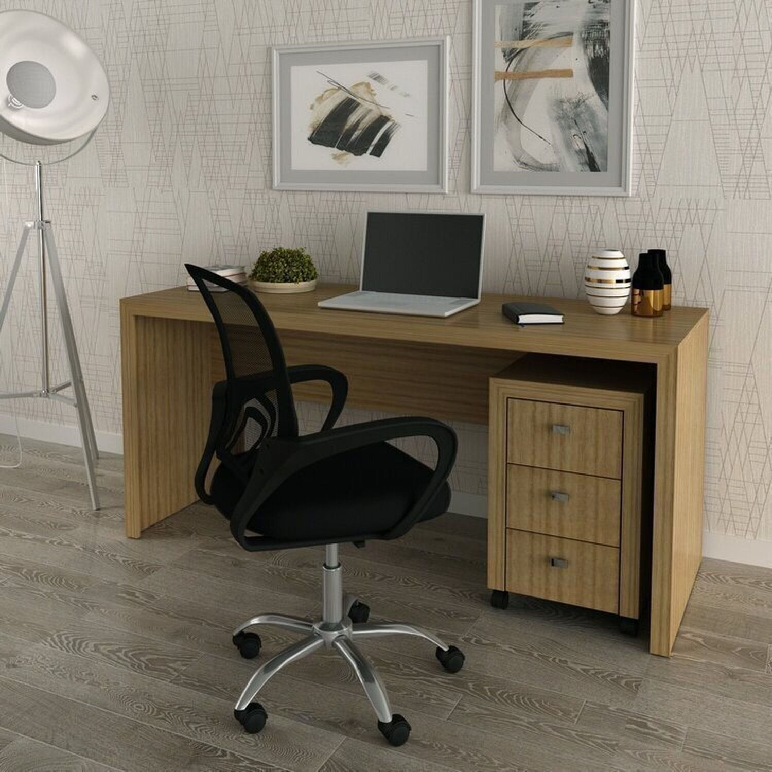 Kit 2 Peças Com Escrivaninha 163cm Me4109 E Gaveteiro Me4108 Amendoa