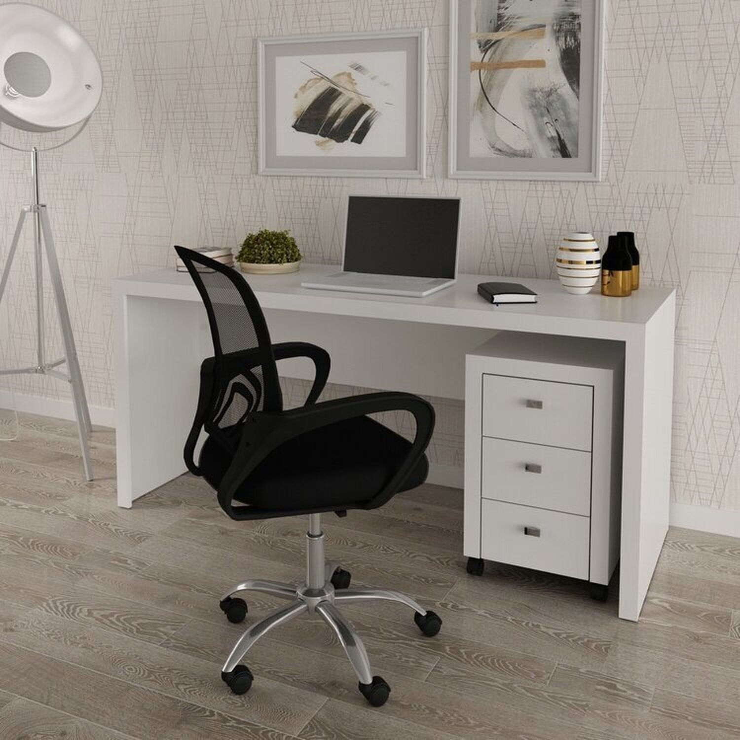 Kit 2 Peças Com Escrivaninha 163cm Me4109 E Gaveteiro Me4108 Branco