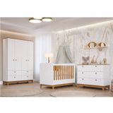Conjunto Quarto De Bebê 1 Berço 1 Cômoda 6 Gavetas 1 Guarda Roupas 4 Portas 4 Gavetas Chantilly Branco/nature
