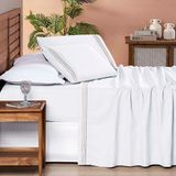 Jogo De Lençol Aria Casal 4 Peças Micropercal 200 Fios Suave Detalhe Bordado - Branco Neve Taupe