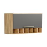 Armário Aéreo De Cozinha 80cm Com 1 Porta Basculante E Mini Adega 100% Mdf Itália Amêndoa/cinza