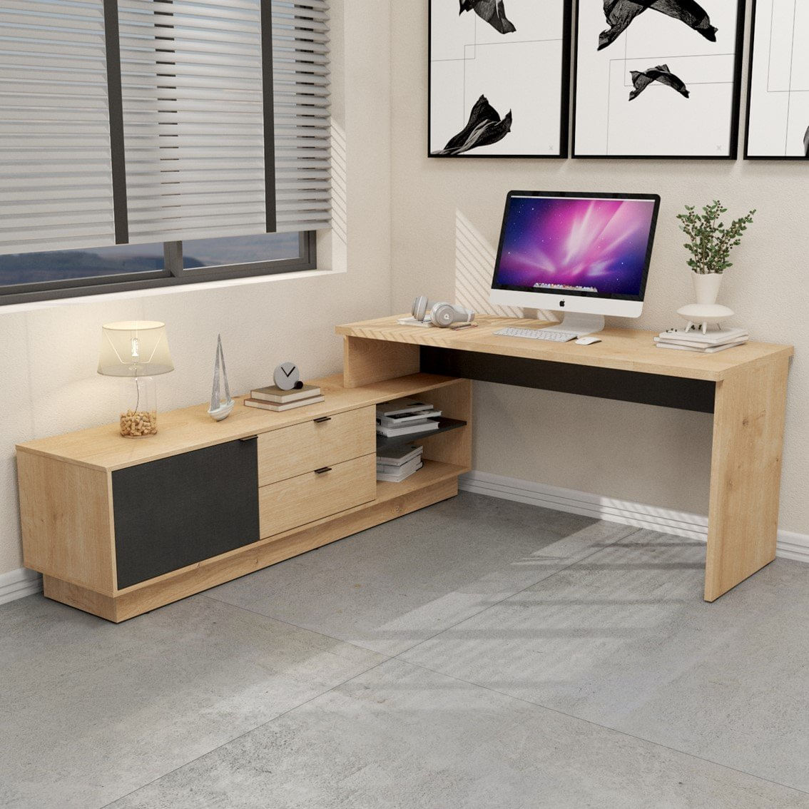 Escrivaninha Mesa Escritório Em L Executiva 200x180cm Com Balcão Cayman Yescasa