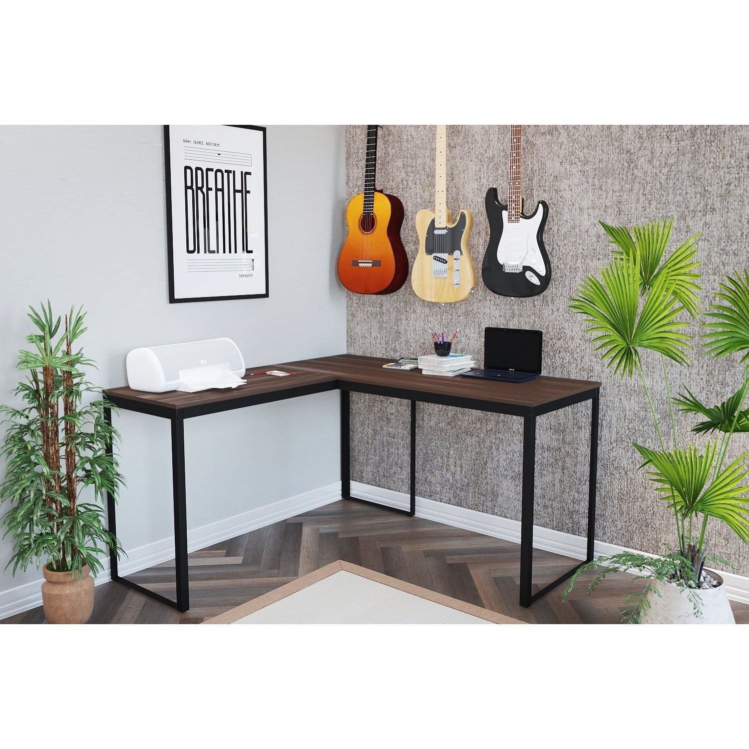 Escrivaninha Mesa Escritório Em L 135x135 Preto Fosco / Nogal