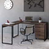 Mesa De Escritório Em L Estilo Industrial 150x150cm Com Gaveteiro Volante 4 Gavetas Nogal