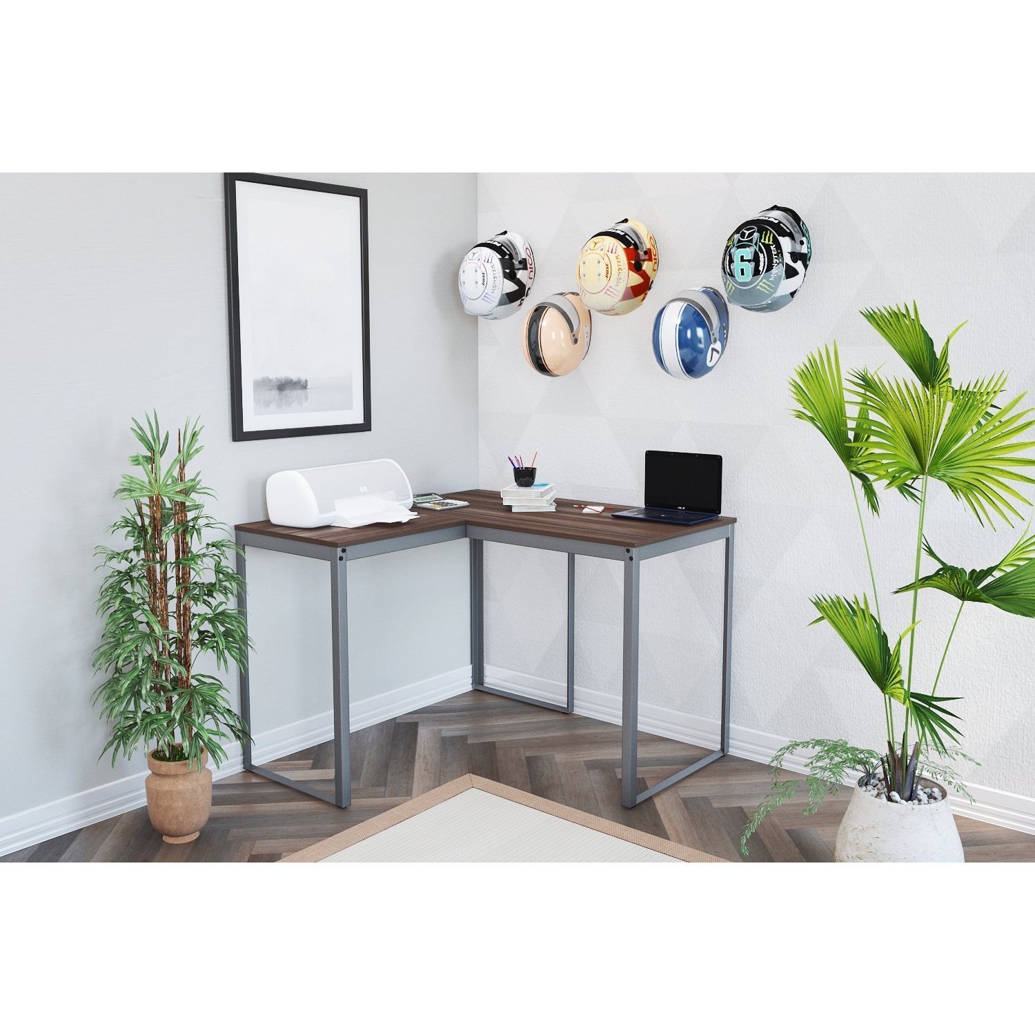 Escrivaninha Mesa Escritório Em L 105x105 Cinza Grafite / Nogal