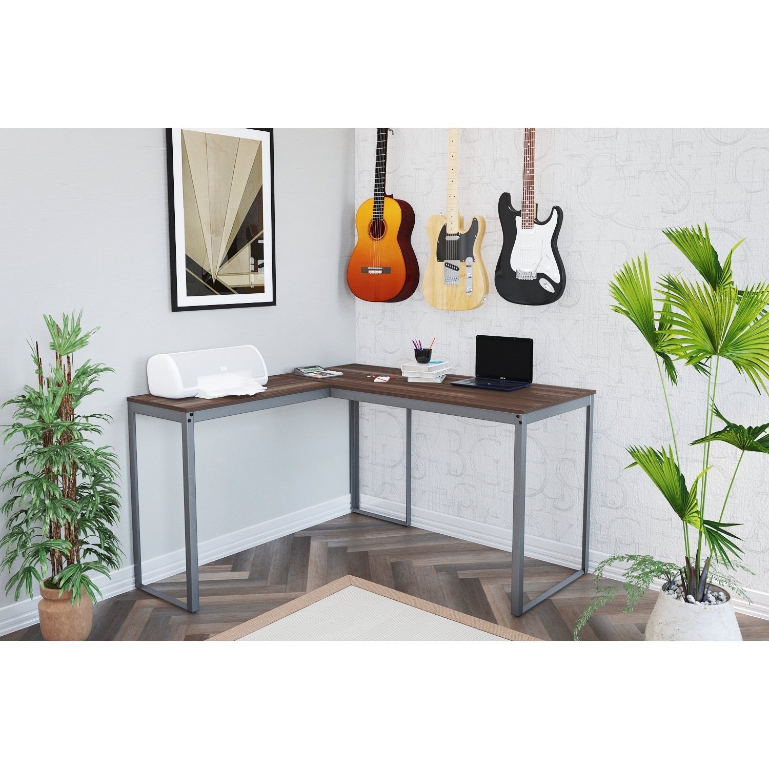 Escrivaninha Mesa Escritório Em L 126x126 Cinza Grafite / Nogal