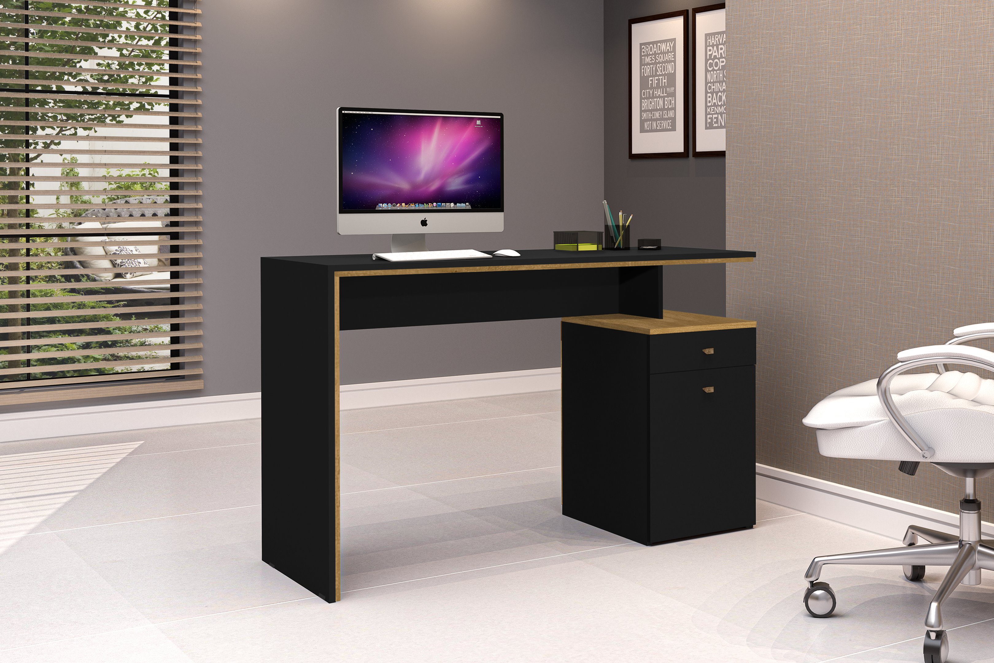 Escrivaninha 120cm 1 Porta 1 Gaveta Office J&amp;a Móveis Nature/preto