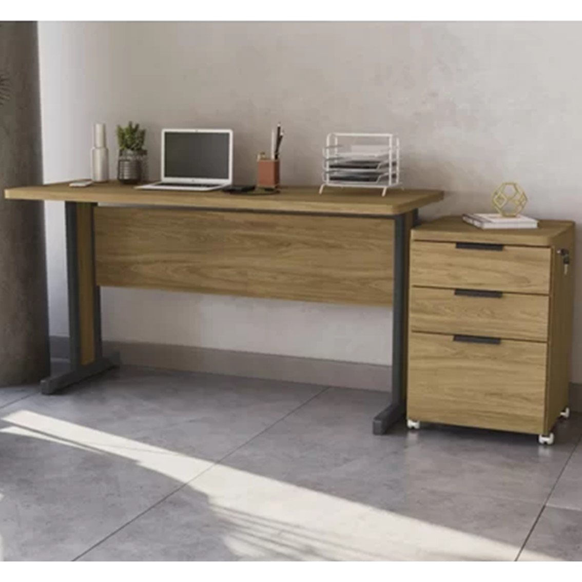 Escrivaninha 150cm Borda Arredondada Com Gaveteiro 3 Gavetas Com Chave Kappesberg Itapua