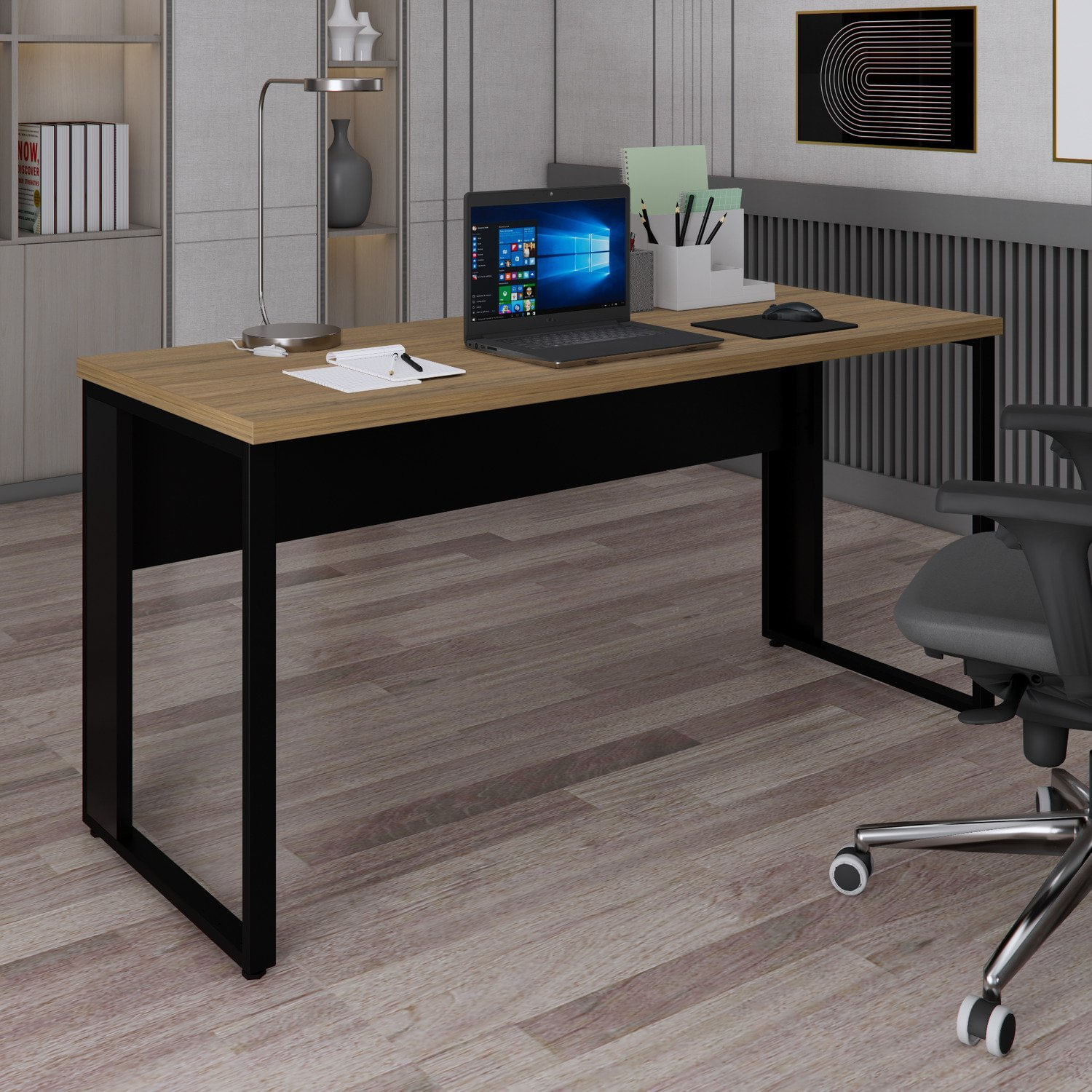 Mesa Retangular Pé Metálico 1500mm . Amadeirado Claro/preto